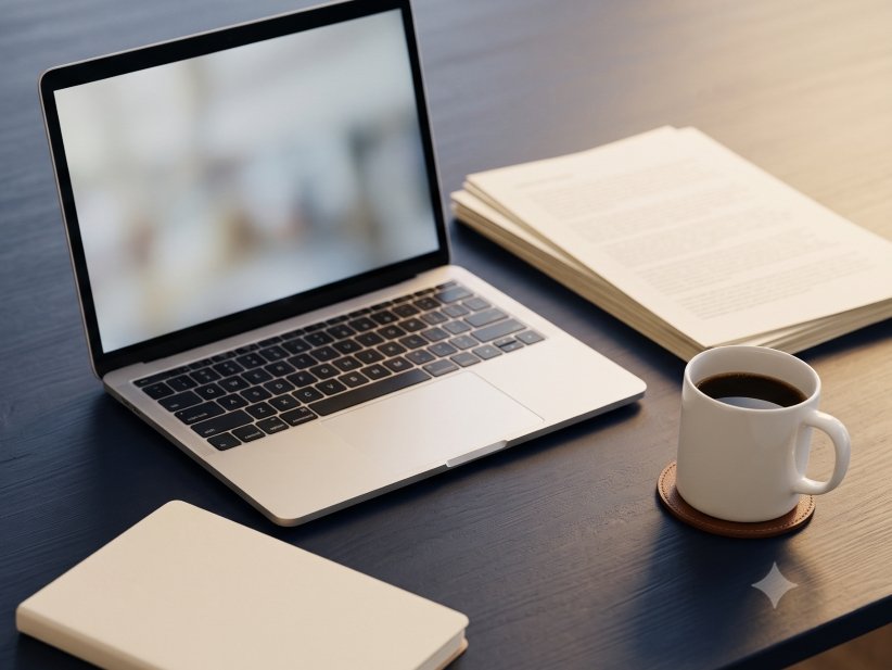 A professional workspace with a laptop, notebook and coffee cup on a navy desk